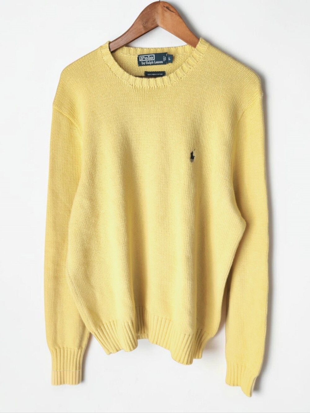 Vintage Polo Ralph Lauren Pima Cotton LG Yellow Navy Crewneck Sweater 90s Y2K